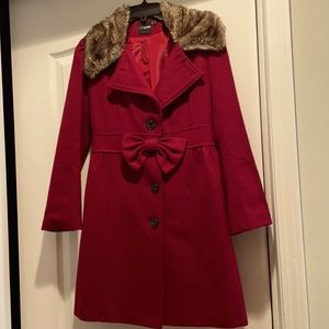 ASOS Red Wool Peacoat with Faux Fur Collar US Size 2